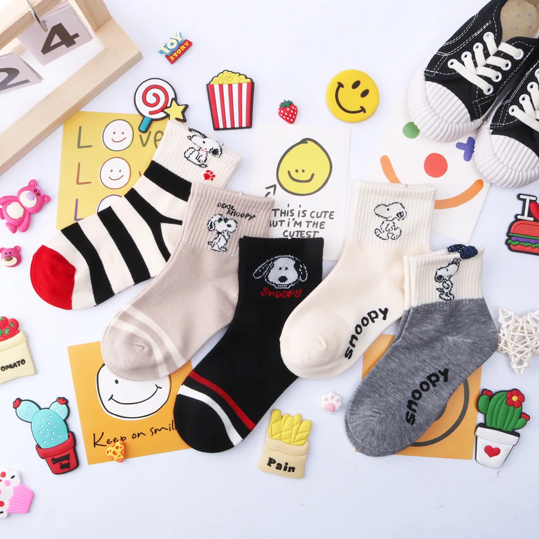 5 Pairs Snoopy Kids Socks Sanrio Kawaii New Fall Winter Cartoon Boy Children Mid-calf Socks Cotton Sock for Girls