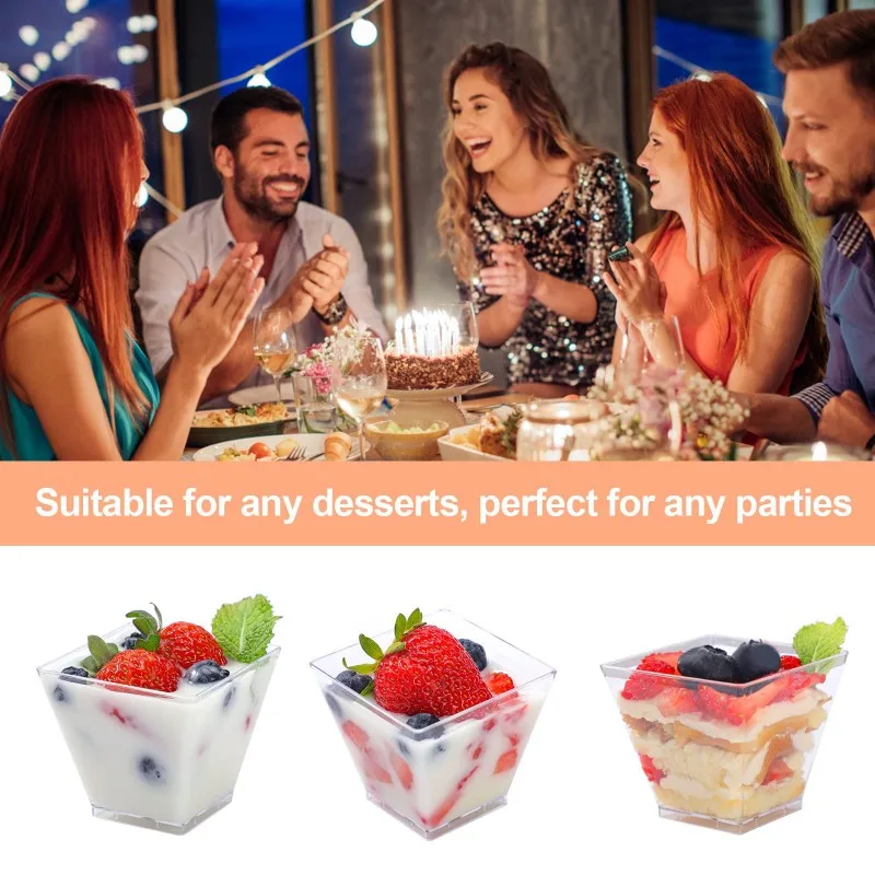 100PCS 40/20oz Mini Square Clear Plastic Dessert Cups Party with Small Plastic Dessert Cups Great for Desserts,pudding,mousse