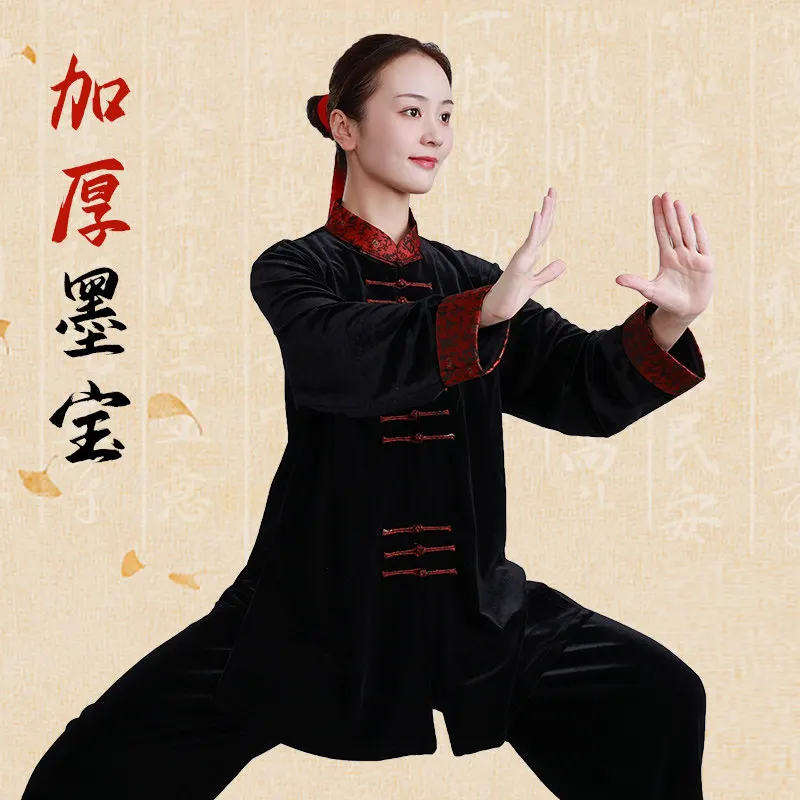 Martial Arts Tai Ji Suit Female   Autumn and Winter Thickening Velvet Eight-Section Brocade Exercise Clothing Male