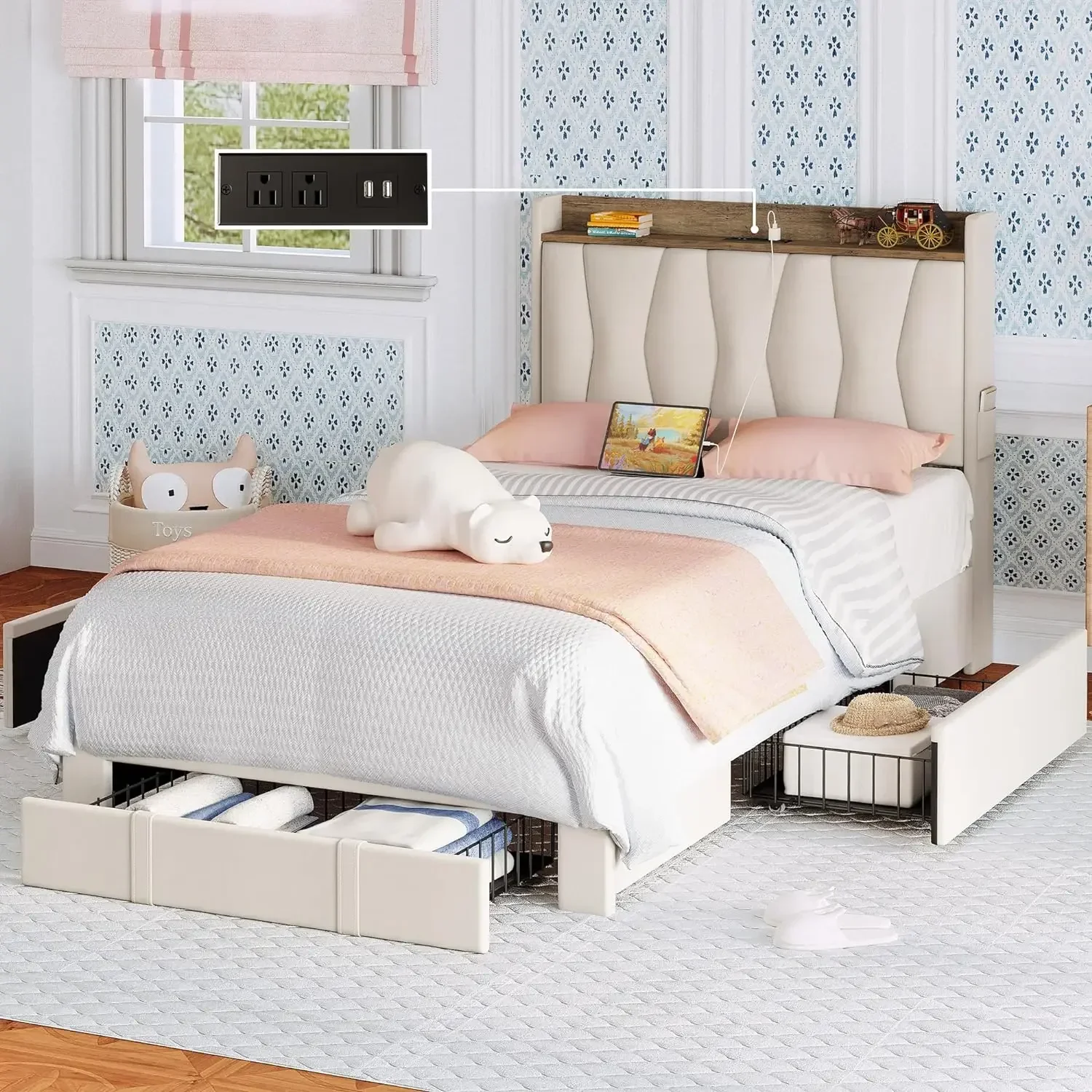 ANCTOR Twin Bed Frame with 3 Drawers, Upholstered Platform Bed with Storage Headboard and Charging Station