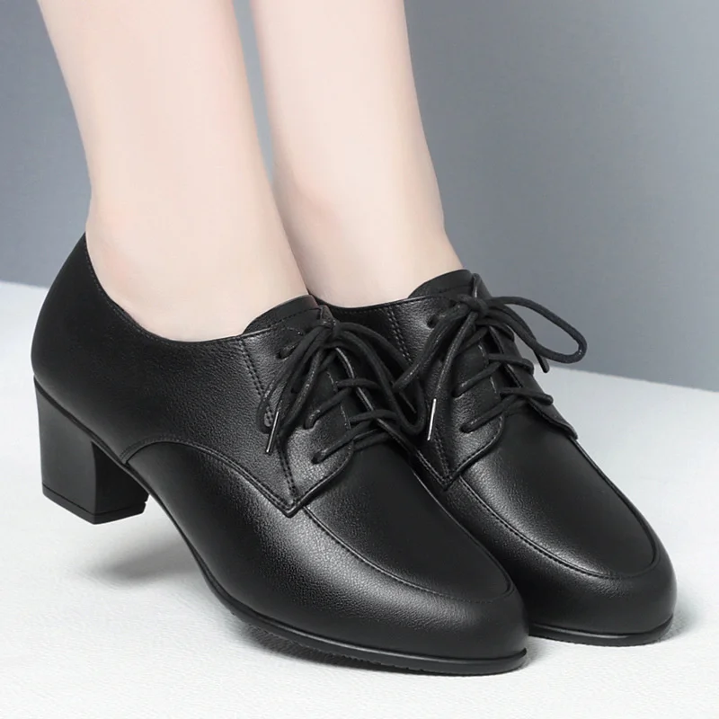 Women Work Shoes  Black Lace Up Middle Heel Leather Shoes Spring Autumn Soft Soles Breathable Comfortable Single Shoes