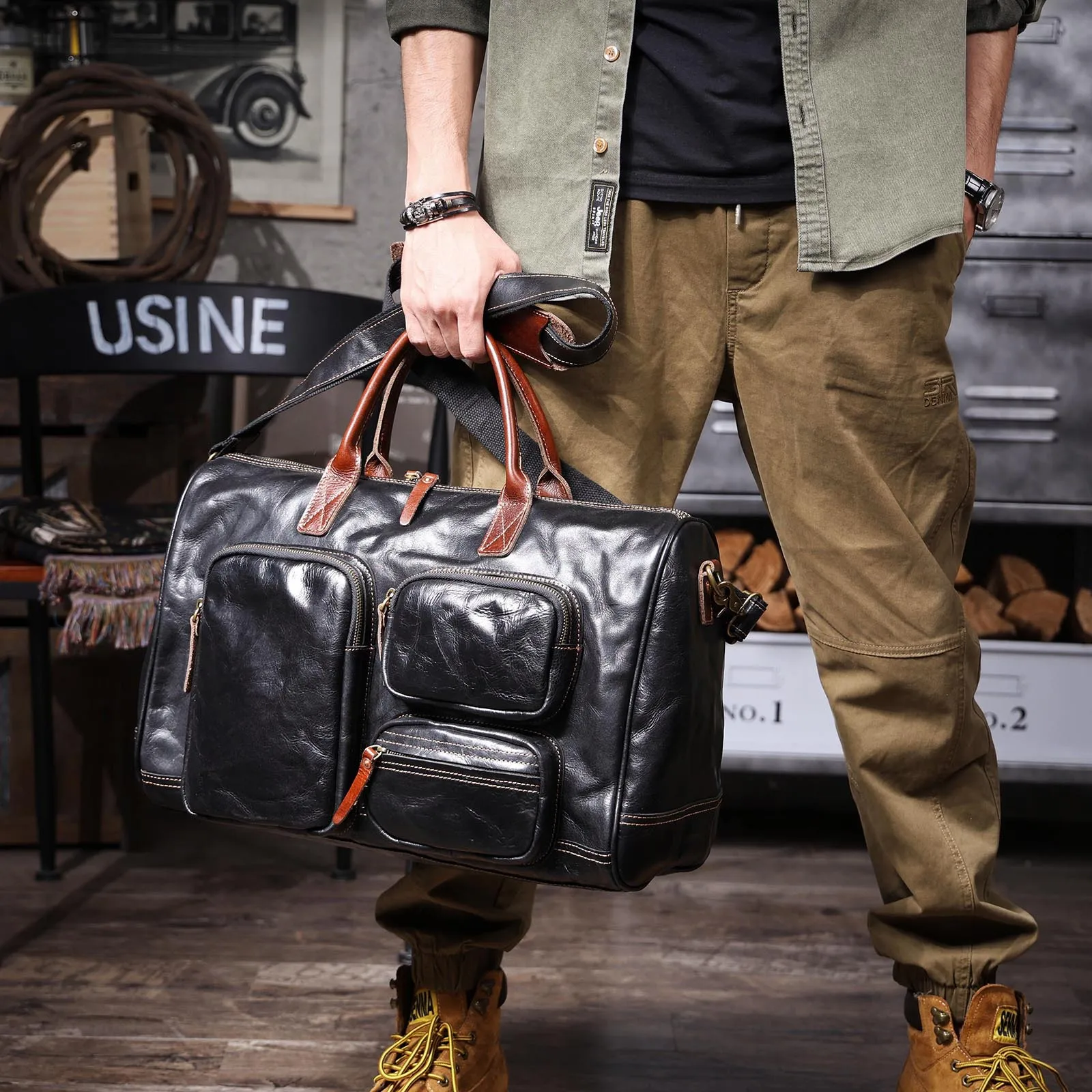 American-Style Large-Capacity Leather Briefcase Men's Handbags Cowhide Retro 17