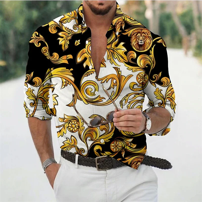 Camisa casual versátil masculina, manga comprida, single-breasted, padrão dourado, lapela, moda de rua, outono