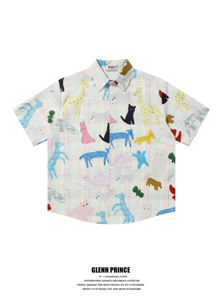 GPstudio Dopaamine Fun Cartoon Grid Short Sleeve Men's Shirt Summer New Lazy College Style Floral Blouse Polyester Fiber Prin...
