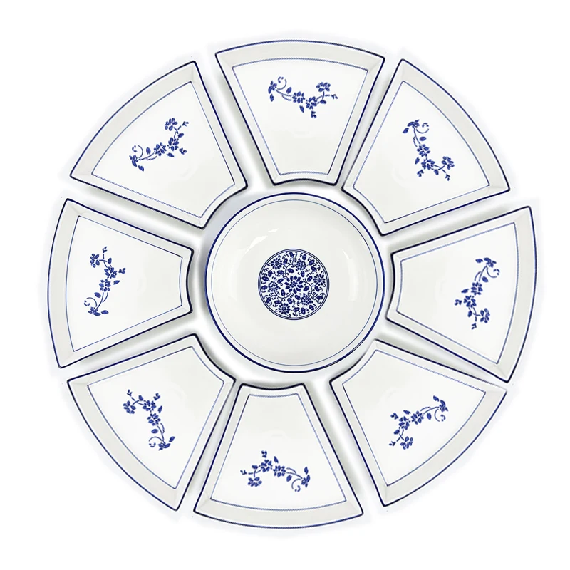 

Handmade ceramic blue and white porcelain platter tableware combination fan plate round table platter set underglaze color house