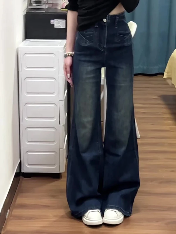 

American Retro High Waist Wide Leg Jeans Women Winter Loose Straight Cut Denim Pants Bell Bottoms Vintage Washed Casual Trousers