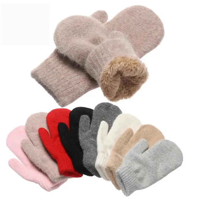 

Men Women Winter Double Layer Thick Wool Cashmere Knit Warm Mitten Unisex Cute Full Finger Comfort Plush Inside Glove