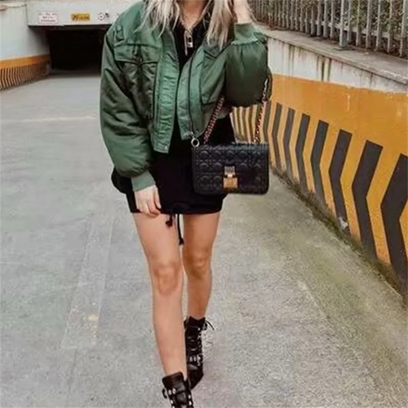 

VOLALO 2024 Women Fashion Basic Loose Padded Bomber Jacket Coat Vintage Long Sleeve Zipper Warm Female Outerwear Chic Tops