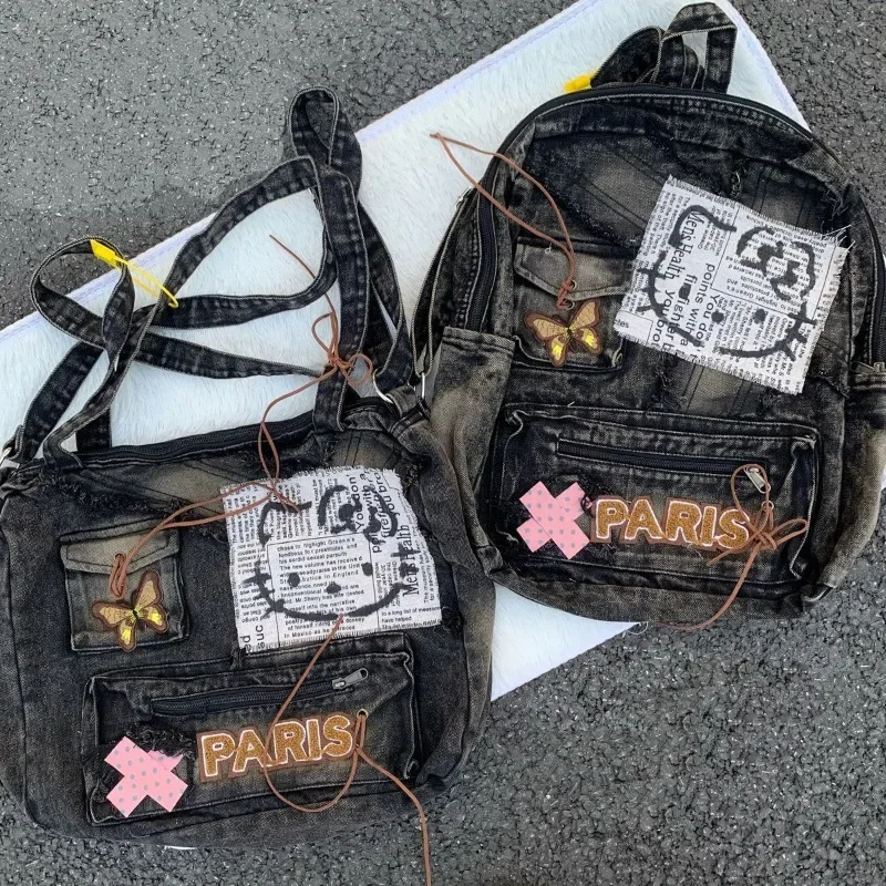 Hello Kitty Single Shoulder Crossbody Backpack Large Capacity Vintage Denim Y2K Sweet Cool Millennium Spice Girl Casual Tote Bag