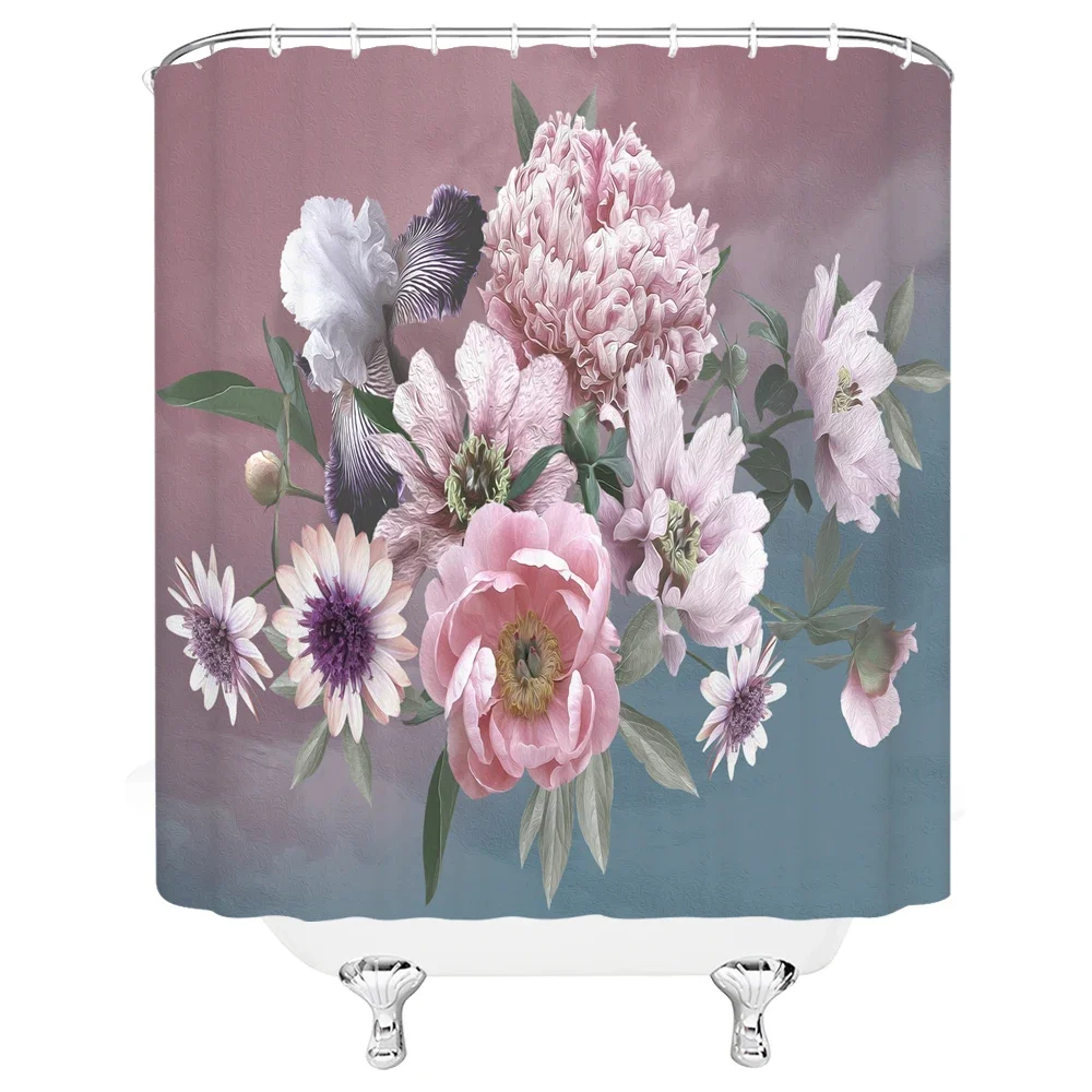 High Quality Printed Fabric Shower Curtains Blooming Classical Flowers Bath Screens Waterproof Bathroom Decor with 12 Hooks