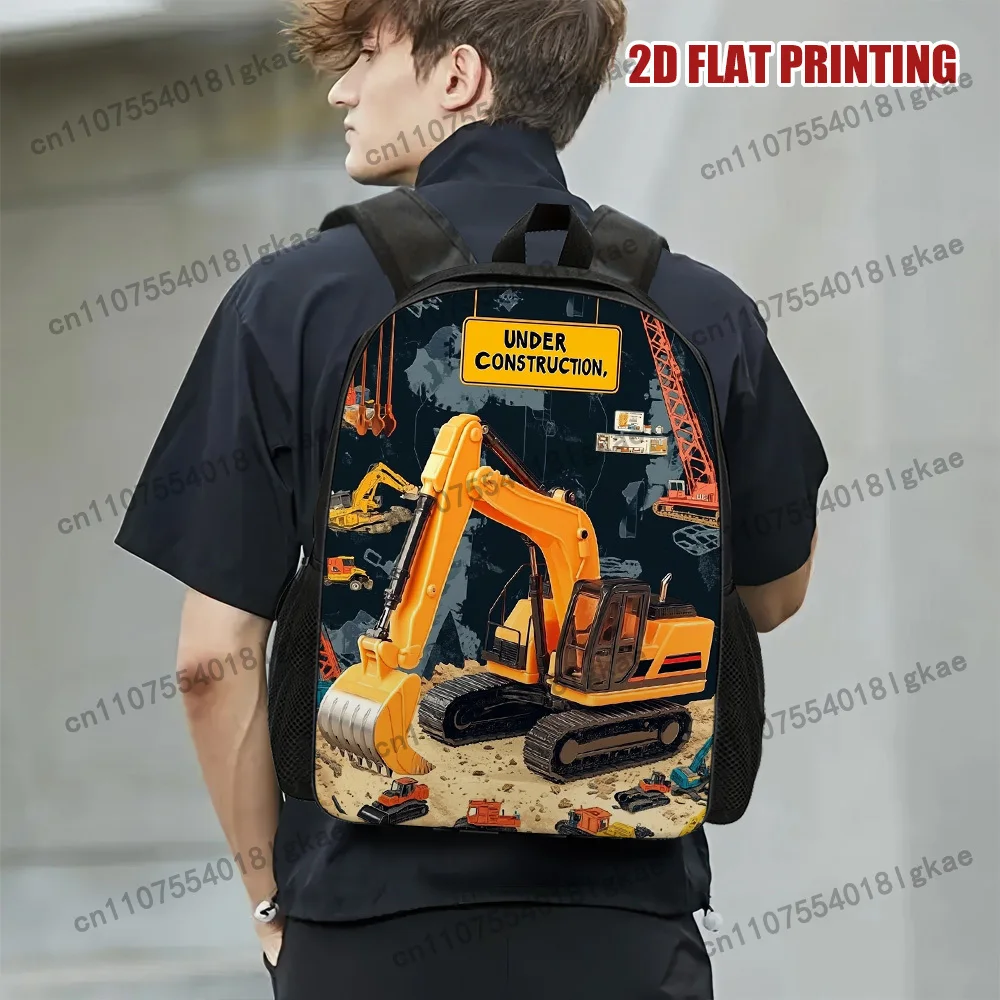 1pc Under Construction Excavator Backpack – Lightweight & Durable Polyester School Bag with Removable Straps, 2D Flat Printing,