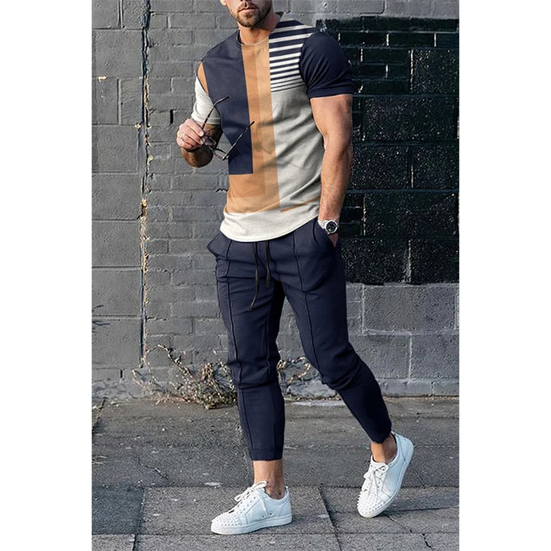 Men\'s T-shirt Pants Tracksuit Stripe 3D Print T Shirts Trousers Sets 2 Pieces Fashion Streetwear Male Oversized Suits Sportswear