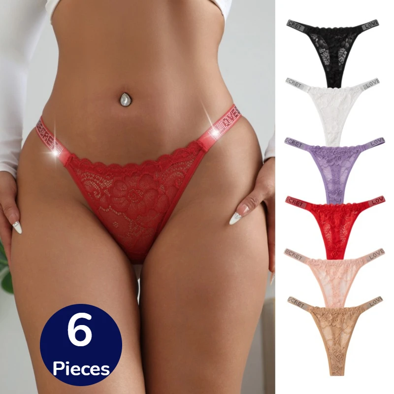 

WarmSteps 6PCS Lace Women's Panties Fashion Letter Belt Shining Female Thongs Sexy Lingerie Hollow Out G-Strings Cozy T-Back Hot