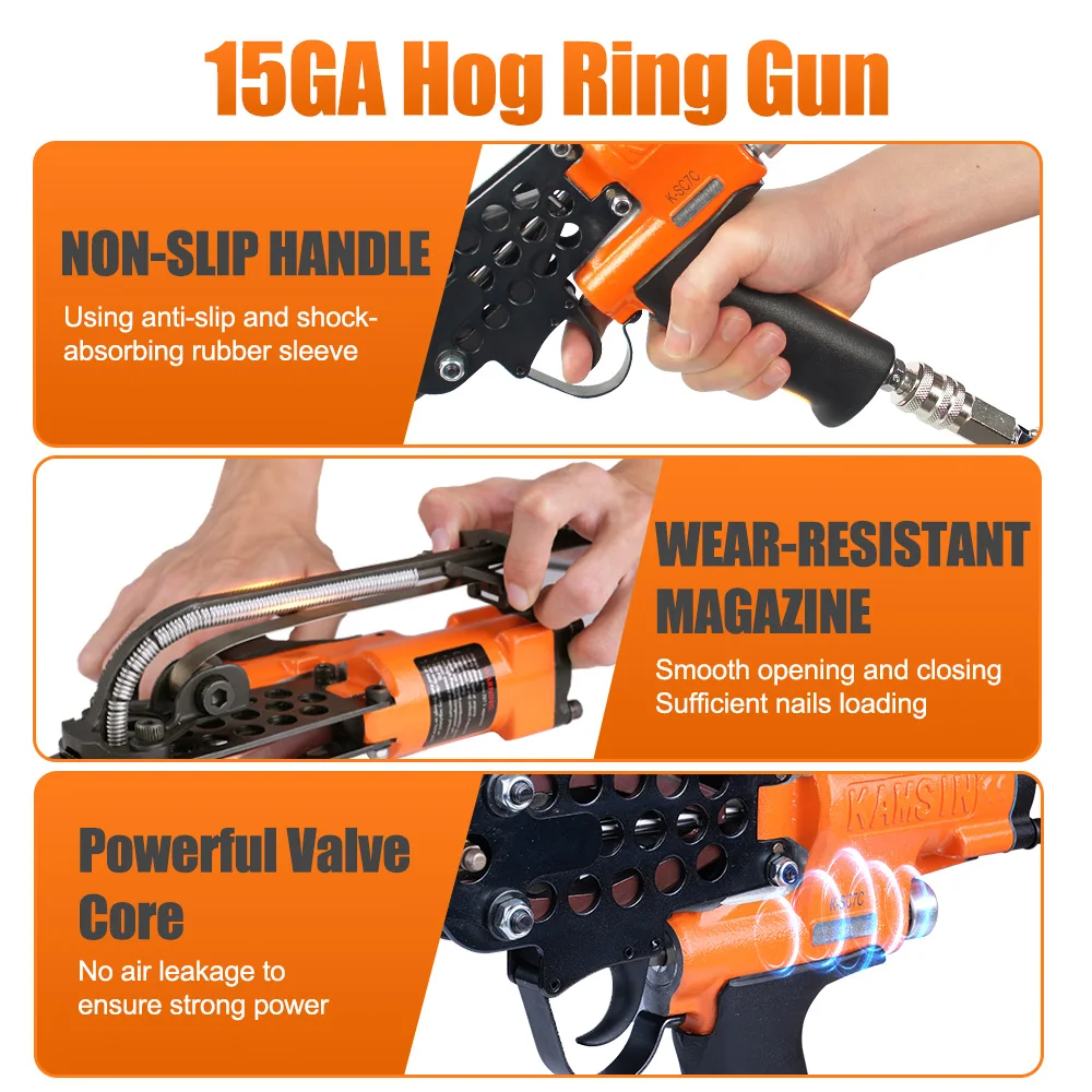 KAMSIN SC7C 3/4-Inch Crown-Style Pneumatic Ring Gun, with 1000PCS Hog Ring Staples Type C for Wire Mesh Cage Construction SC7C
