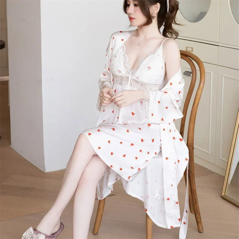 2024 Summer 2PCS Sexy Lace Lingerie Nightgowns Robe Sets Women Silk Satin Print Bathrobe Sleepwear Nightdress Night Dress Nighty