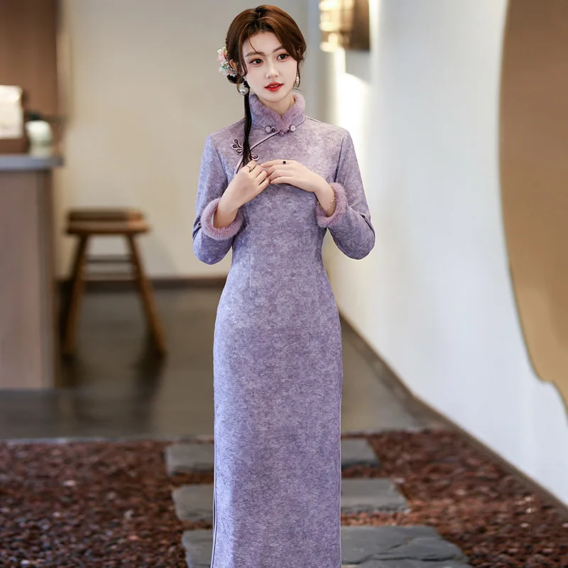

Yourqipao Winter Purple Fleece-Lined Thickened Qipao Long-Sleeved Modified Cheongsam Chinese Style Evening Dress for Women Party