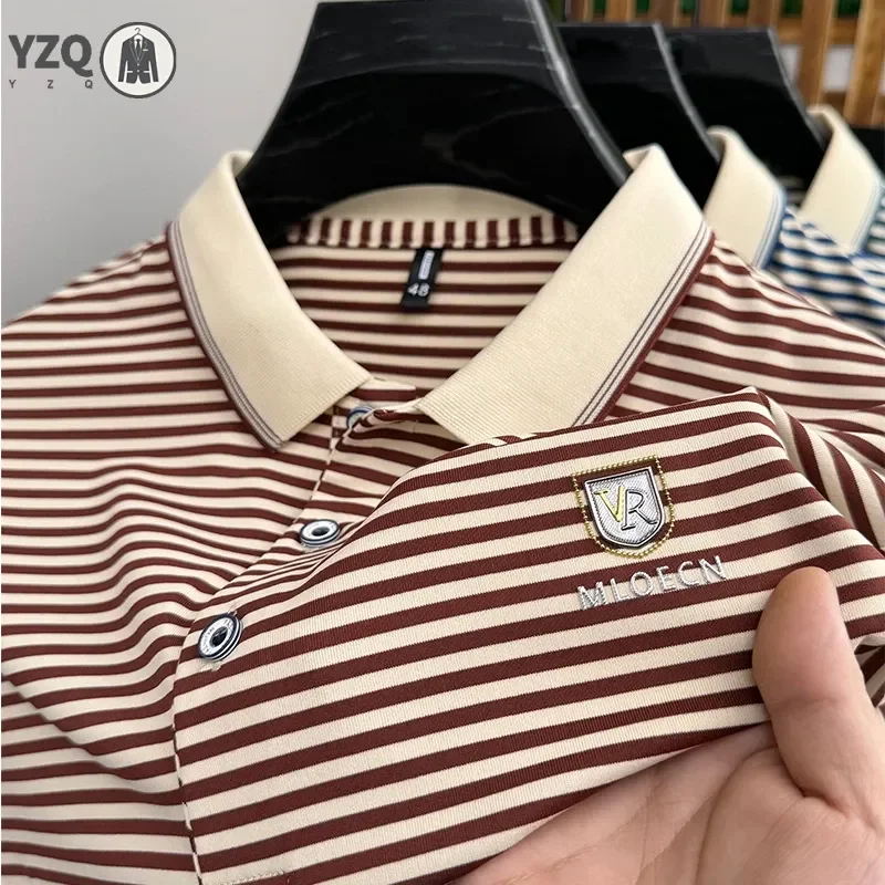 2024 Men's New Striped Cotton Business Casual Short Sleeved POLO Shirt Fashion Short Sleeved Comfortable and Breathable Top