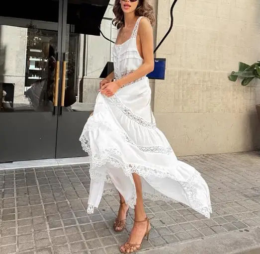 

Summer Bohemian Style Women's Long Lace Patchwork Cake Skirt Casual Fashionable White Suspender Dress