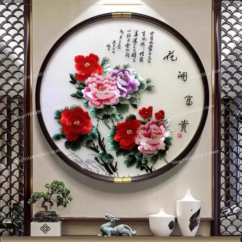Round Decorative Painting New Chinese Style Entryway High-End Finished Suzhou Embroidery Wall Art Handmade Landscape Mural