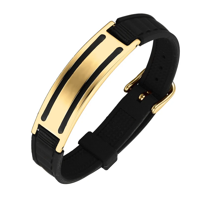 

Fashion Simple Black Silicone Men's and Women's Bioenergy Magnet Silver Gold Stainless Steel Curved Bracelet