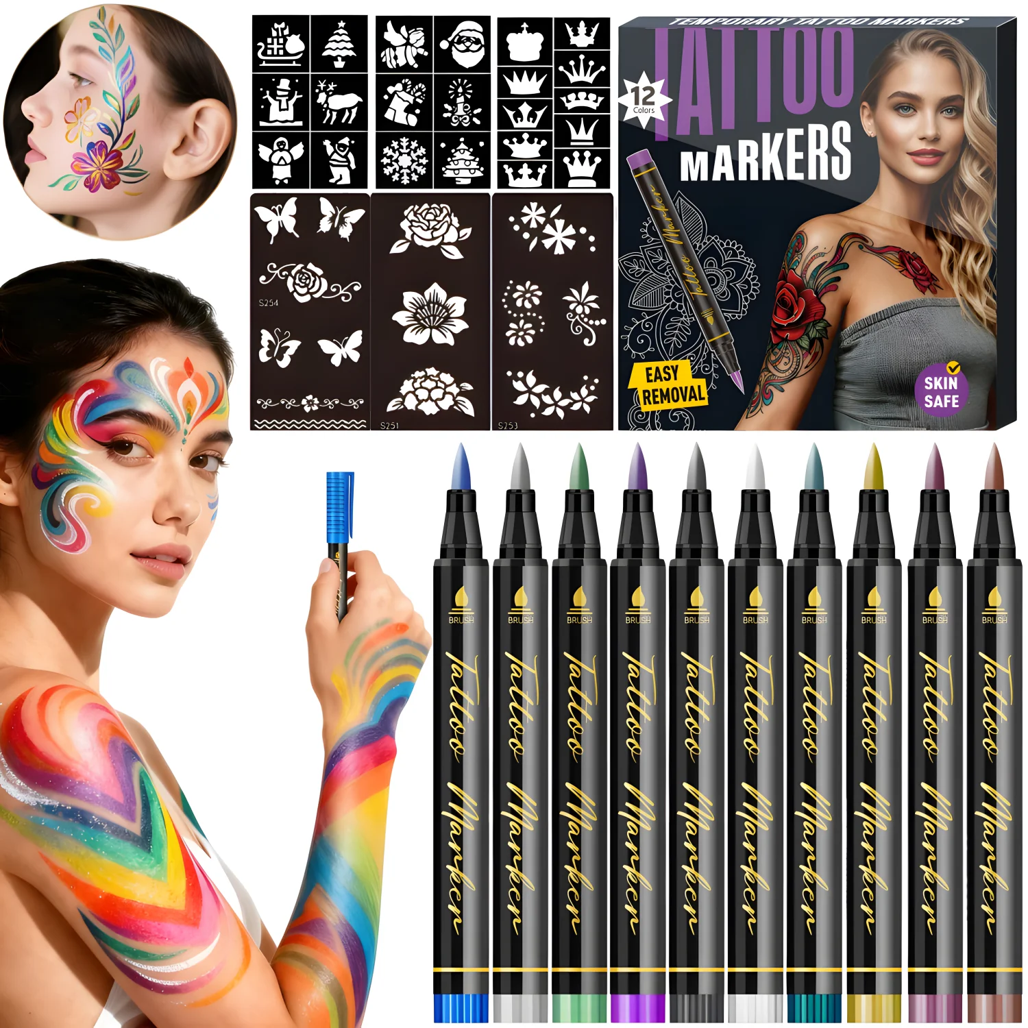 

Temporary Tattoo Markers,10/12/18/24 Colors Metallic Markers,Tattoo Stencil,Flexible Brush Tip,Face Paint Kit,Christmas gifts