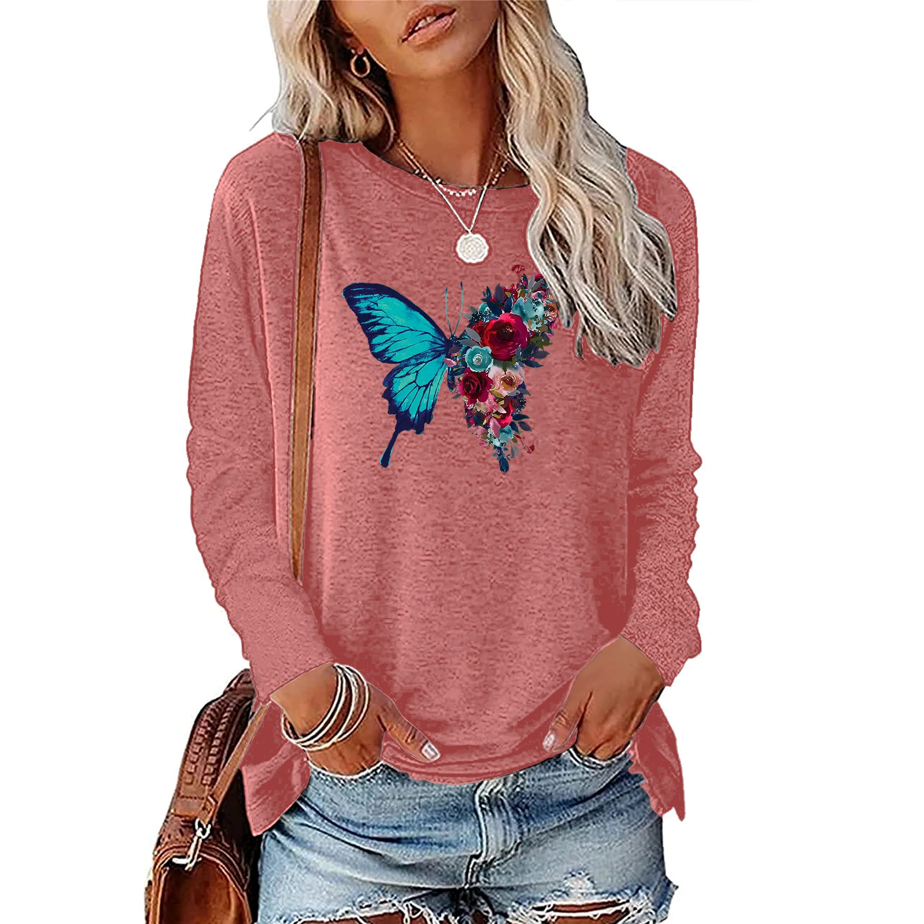 Retro beautiful half butterfly half rose printed women\'s long sleeved T-shirt