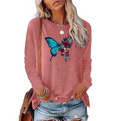 Retro beautiful half butterfly half rose printed women's long sleeved T-shirt