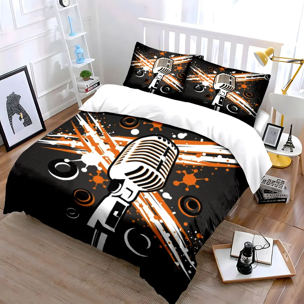 Vintage Microphone Art Decor Three-Piece Soft Skin-Friendly Bedding Set Includes 1 Duvet Cover And 2 Pillowcase, Gift