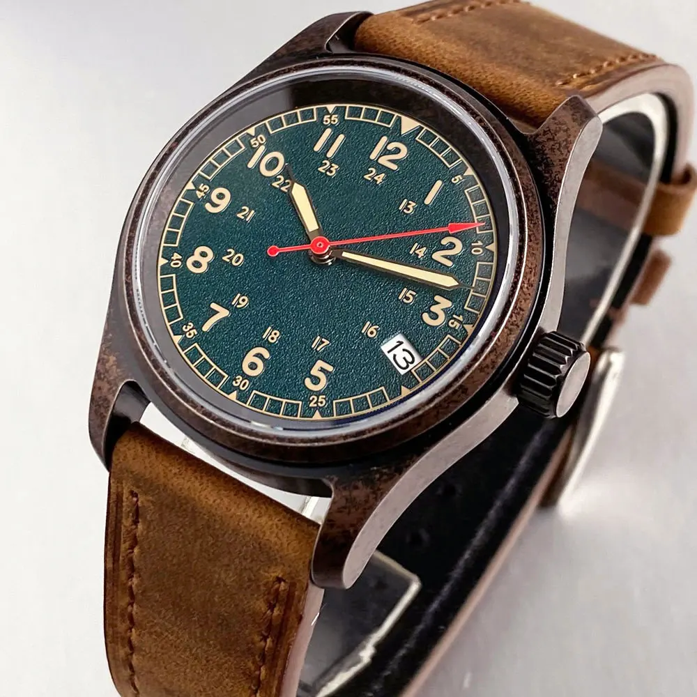 Tandorio 36mm New Unique Copper Plating Pilot Style Diving Men Watch With Japan NH35 Auto Movement 20ATM Sapphire Glass Luminous