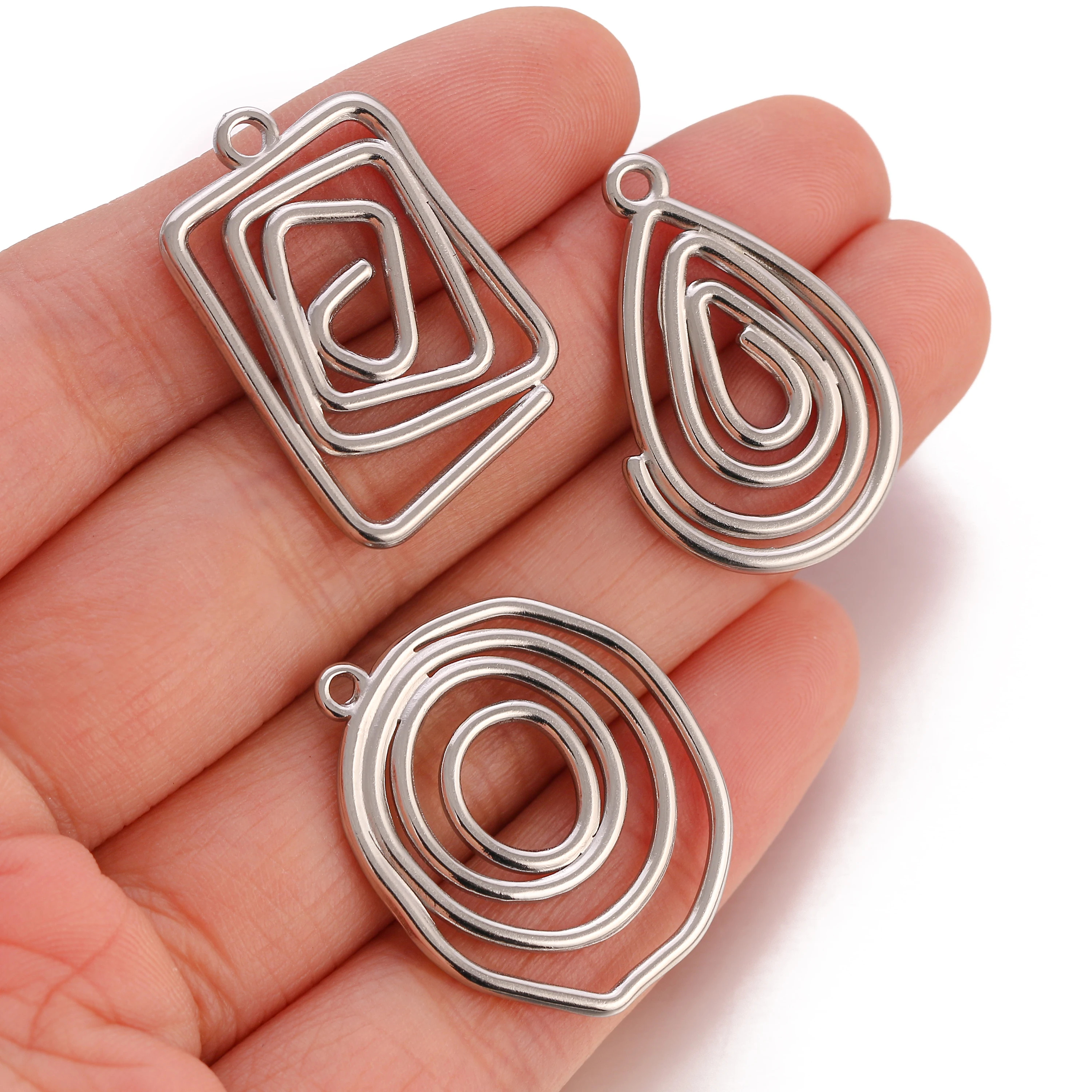 3Pcs Geometry Vortex Circle Charms Stainless Steel Heart/Drop/Rectangular Swirl Spiral Pendants Crafts Decor DIY  Jewelry Making