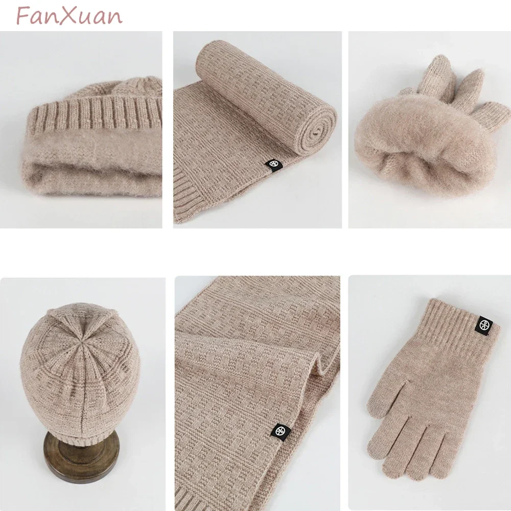 3 قطعة قبعة الشتاء وشاح قفاز مجموعات للرجال النساء محبوك قبعات صغيرة مجموعة وشاح طويل قفازات شاشة اللمس هدية الأسرة