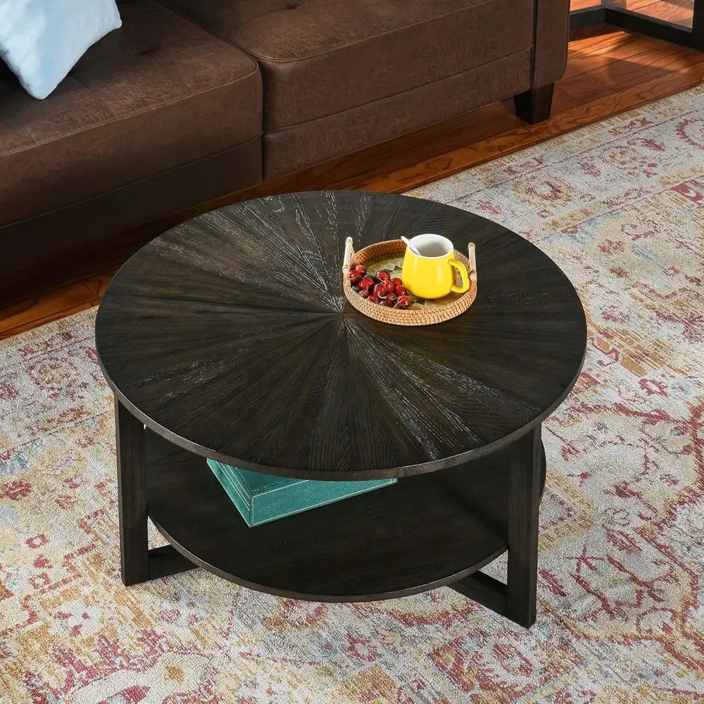 

Farmhouse-Style Solid Wood Coffee Table with Storage Shelf, Umbrella Top, Brass Black Finish, Easy Assembly KFZ3338BK