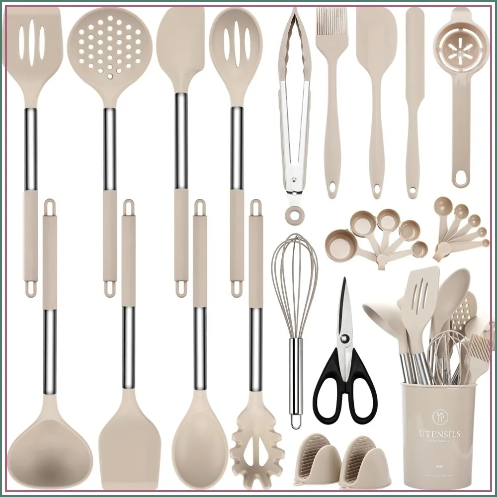 

28 Pcs Silicone Cooking Utensils Set, 446°F Heat Resistant Spatula Set, Food Grade Kitchen Gadgets for Nonstick Cookware, BPA Free