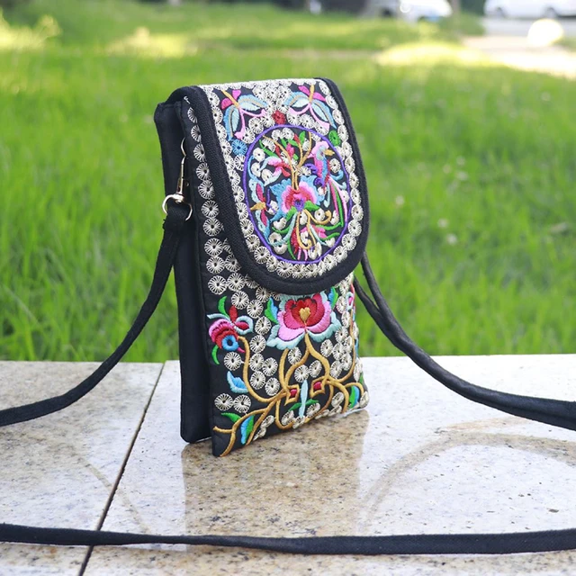 Nowy styl etniczny haftowane torby damska torba na telefon komórkowy z klapką płócienna torba Crossbody popularna dwuwarstwowa portfel