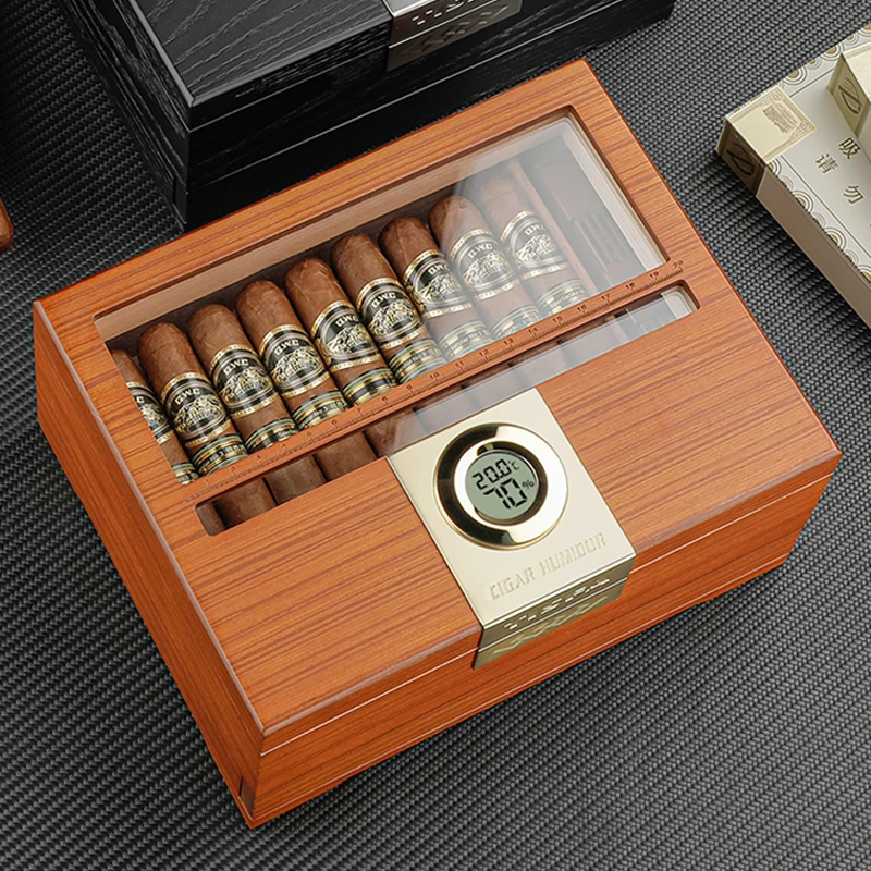Cigar Box Humidor with Hygrometer and Humidifier, Cedar Wooden Case with Drawer, Divider, Length Gauge, Desktop Humidor Box Gift