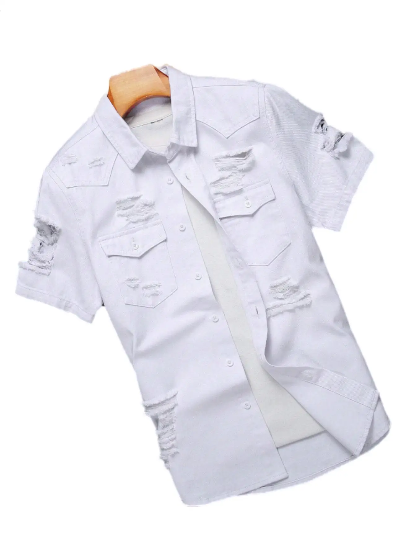

GELITAYIN Men's White Short - Sleeved Denim Shirt With Holes For Summer. Suitable For Daily Casual Wear, Like Going Shopping.