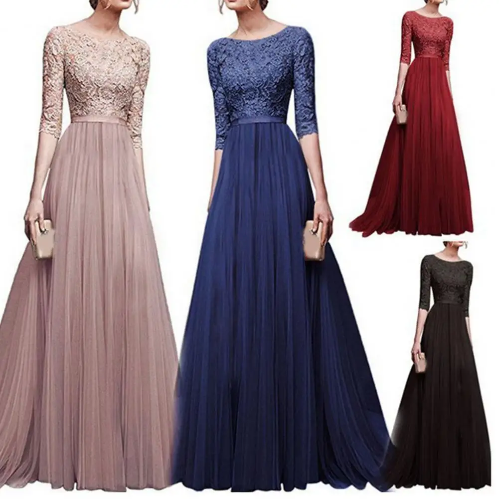 Women Prom Party Dress Round Neck Lace Flower Half Sleeve Tight Waist Floor Length Pleated Lady Maxi Evening Dress