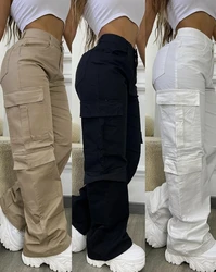 Pantalon cargo taille haute pour femme, pantalon décontracté, design de poche, à la mode, reprise é sous 48 heures, automne, hiver, nouveau, 2024