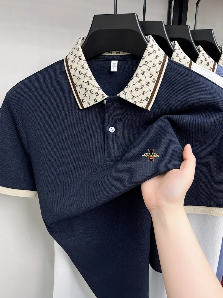 High end brand silk cotton short sleeve men's polo shirt summer trend boutique bee embroidery letter lapel golf casual T-shirt