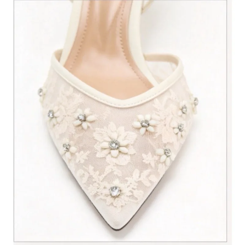 2026 Spring/Summer New Beaded Embroidered Mesh Pointed Heels with Exposed Heels, Sexy Thin Heels, Headless Sandals for Women view 3