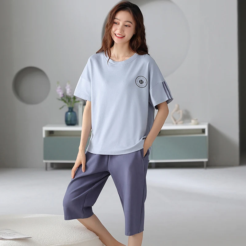 

Big Size M-4XL Women Pajamas Set Summer Knited Cotton Short Sleeve Sleepwear Female Calf-Length Pants Pyjamas