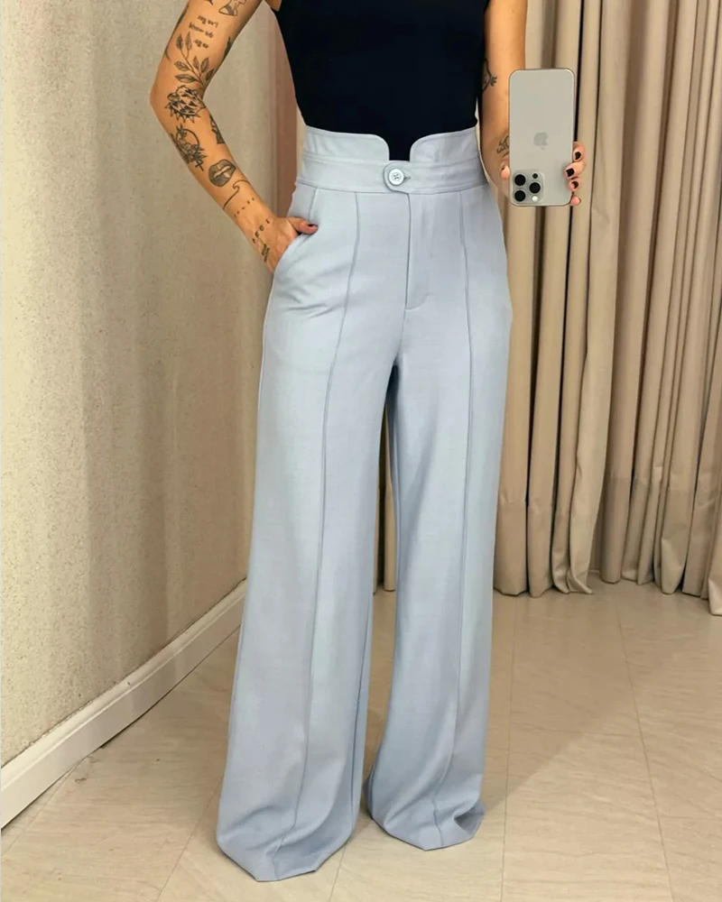 Women's Pants 2025 Spring New Solid Color High Waist Fashion Single Button Pocket Design Elegant Work Straight Leg Pants