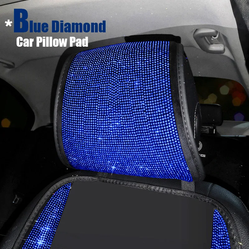 Crystal Blue Diamond Car Seat Covers Cushion Mat Universal Headrest Pads Fit For Women Ladies Girl Gift Auto Interior Accessorie