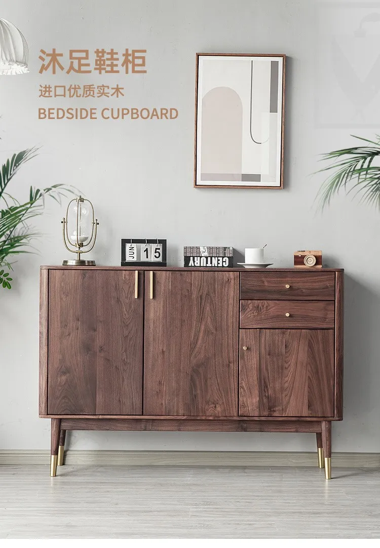 For Nordic Solid Wood Shoe Cabinet Black Walnut Cherry Wood Storage Locker Home Porch Entryway Partition Furniture with Large