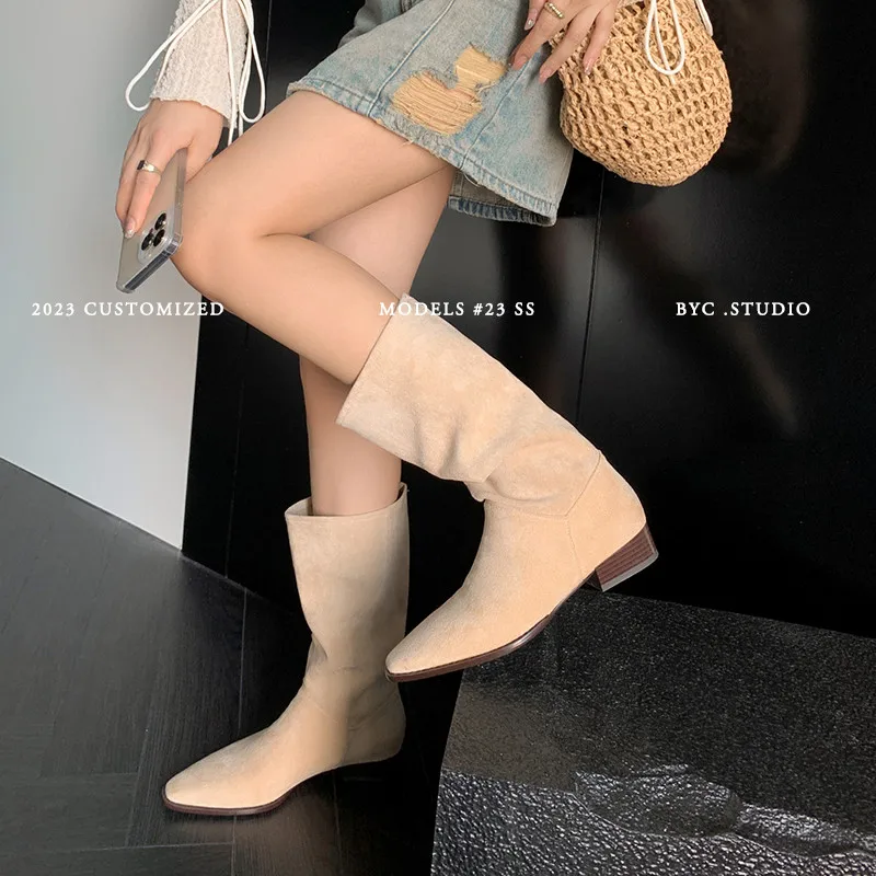 MKKHOU Fashion Knee Length Women Boots New High Quality Frosted Leather Pointed Pleated Low Heel Long Boots Four Seasons Boots