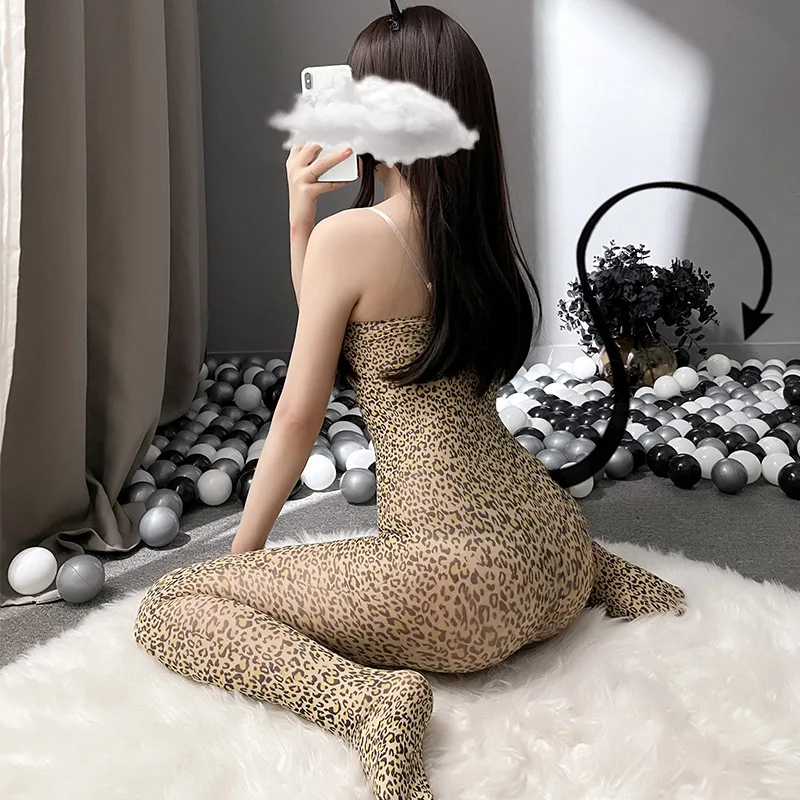 Erotic Lingerie Leopard Print One Piece Body Stockings Female Hot Plus Size Open Crotch Pajamas Bodysuits Porn Sex Clothes Dress