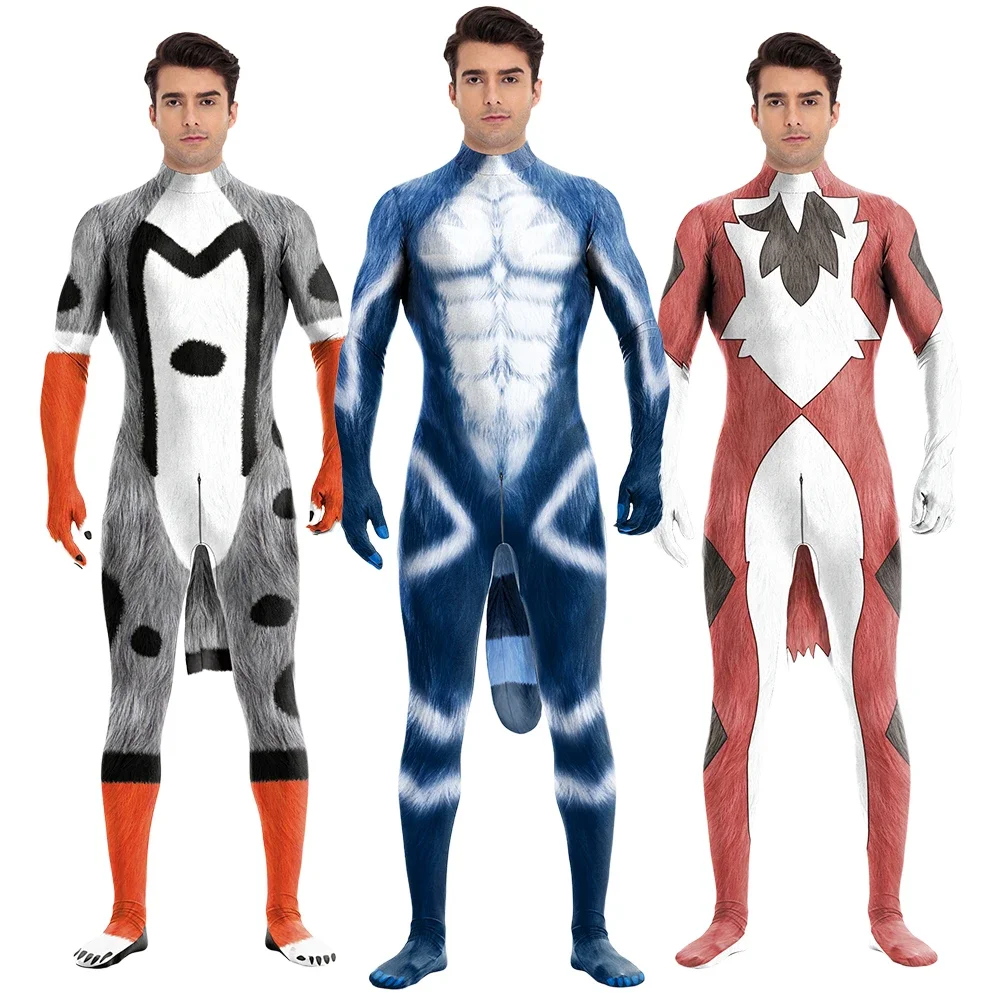 

Zawaland Halloween Cosplay Creative Animal Costume Catsuit Adult Men Outfits Fox with Big Tail Zentai Full Body Suits Jumpsuits