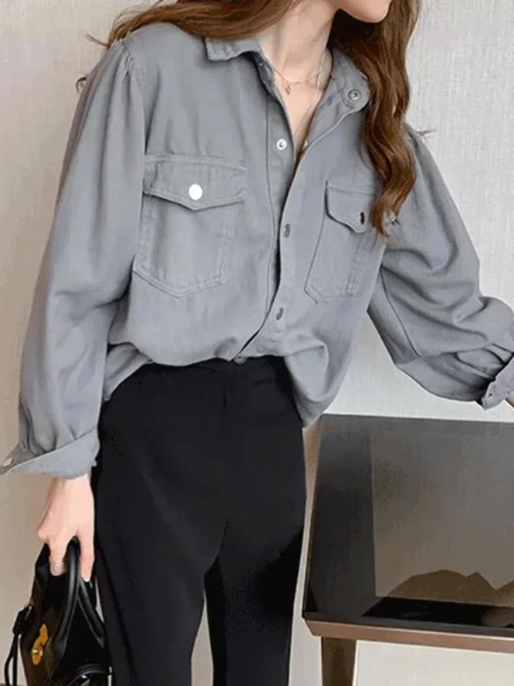 

Spring Autumn New French Vintage Denim Shirt Coat Women's White Pink Fashion Casual Loose Top A106