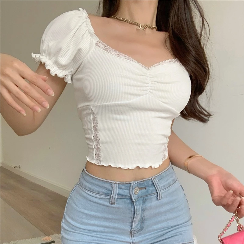 

Women's Short Trim White Short-sleeved T-shirts Lace Bubble Sleeve Sexy Female Tops 2024 Summer New Solid Color Tees Streetwear