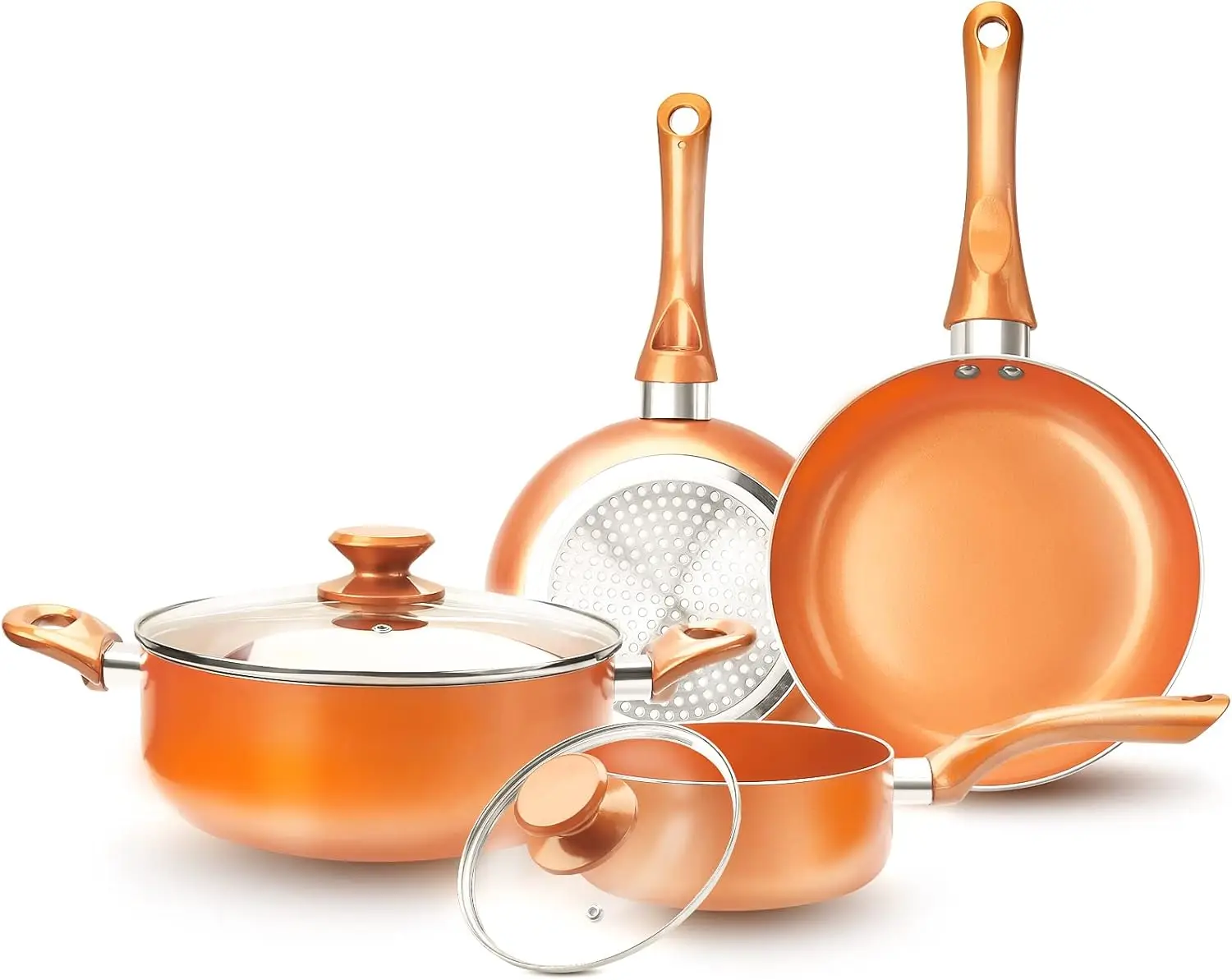 

6-piece Nonstick Kitchen Cookware Set, Ceramic Coating Cooking Stock / Milk Pot/Frying Pans, Copper Aluminum Pan with Lid